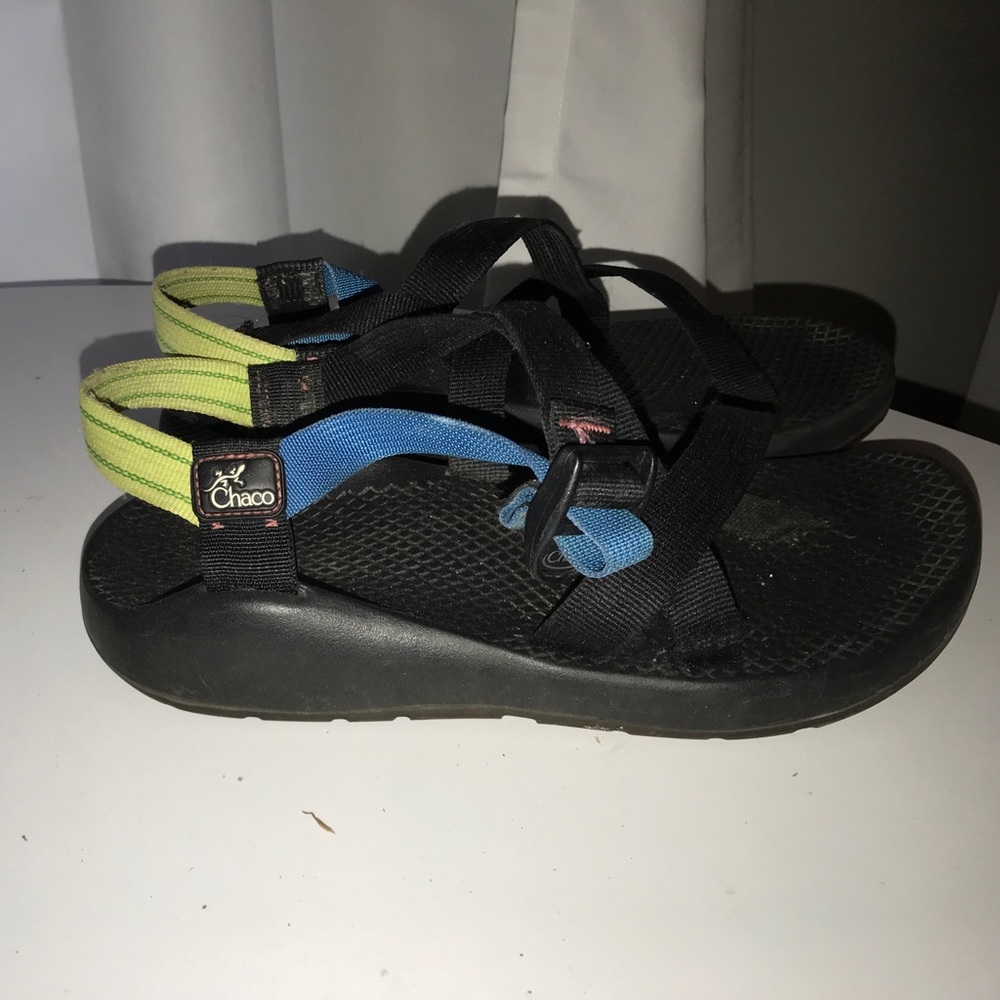 Chaco sandals black w customized green/blue strap